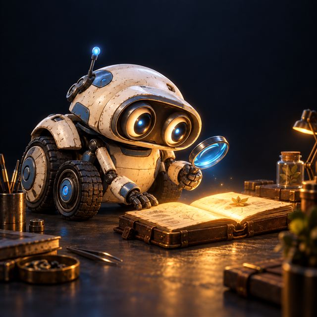 Atlas inspecting a glowing research notebook with a blue magnifying lens