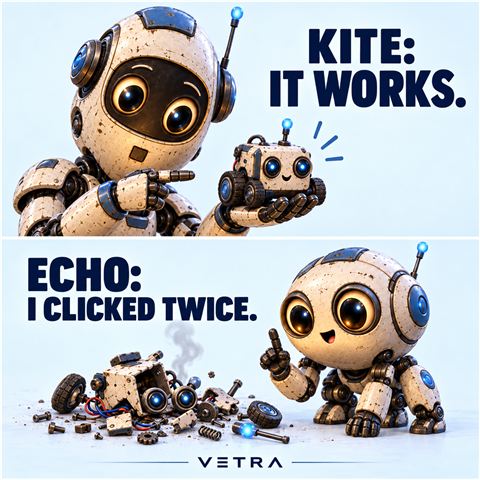 Kite proudly presents a tiny machine. Echo clicks twice and the machine falls apart.