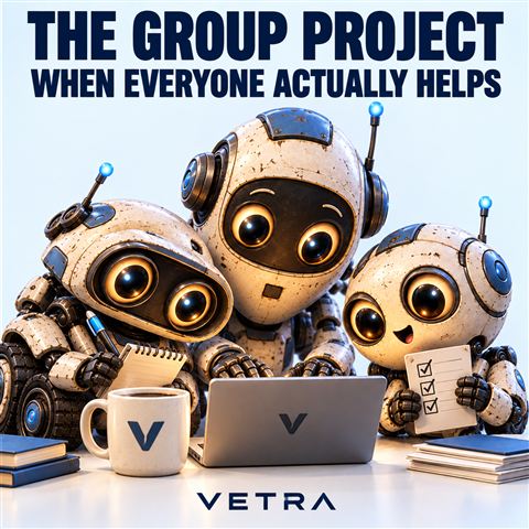 Atlas, Kite and Echo collaborating at a laptop: the group project when everyone actually helps.