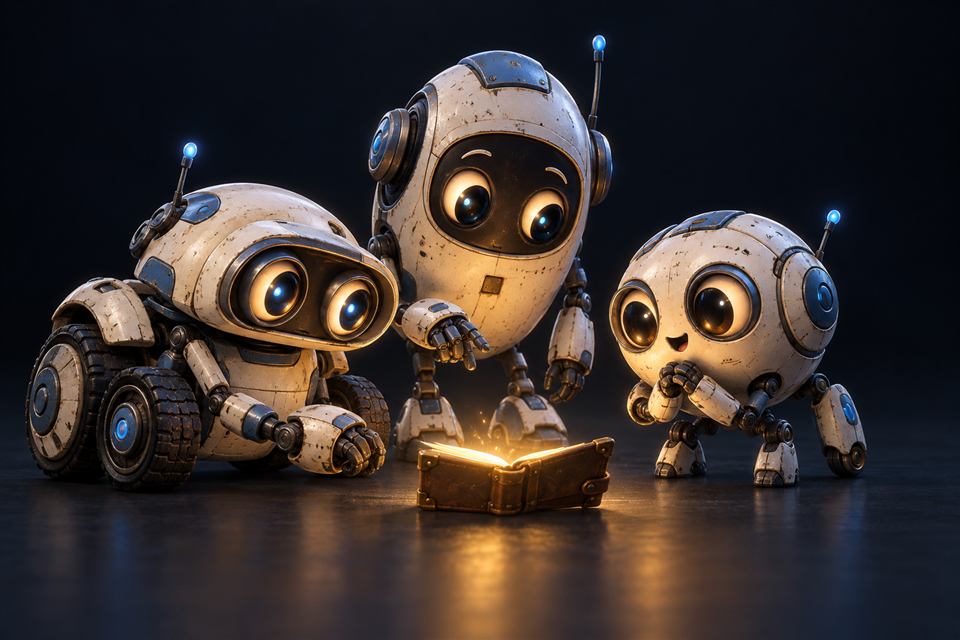 Three friendly robots gathered around a glowing notebook