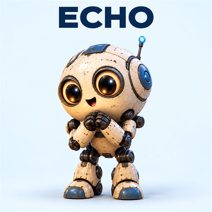 Echo, the friendly VETRA reviewer, on a clean pale-blue background with the name ECHO above the head